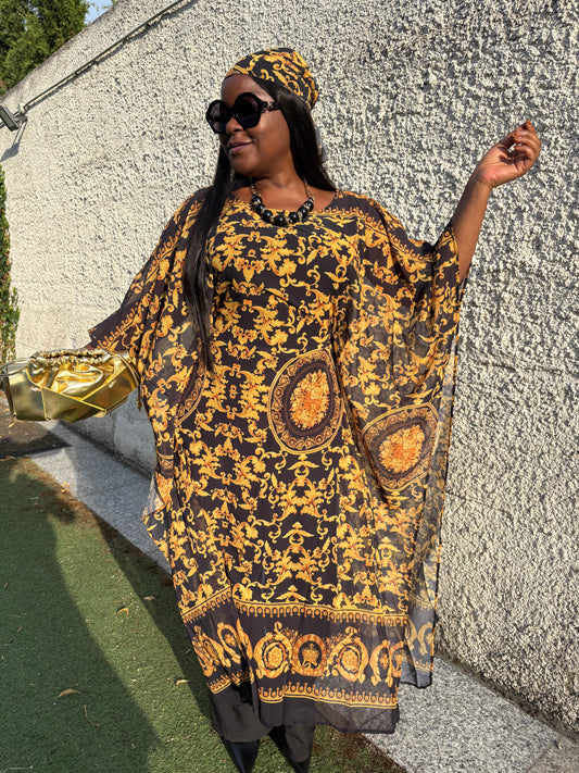 Ensemble caftan long fluide à motif baroque – Élégance et confort