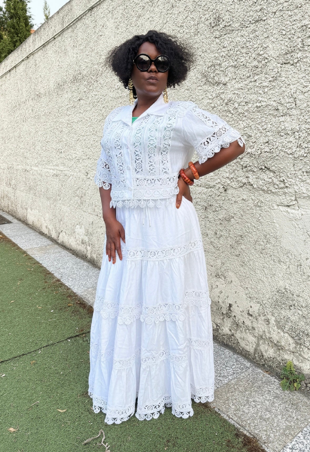 Ensemble deux pièces en viscose et dentelle – Blouse & jupe longue