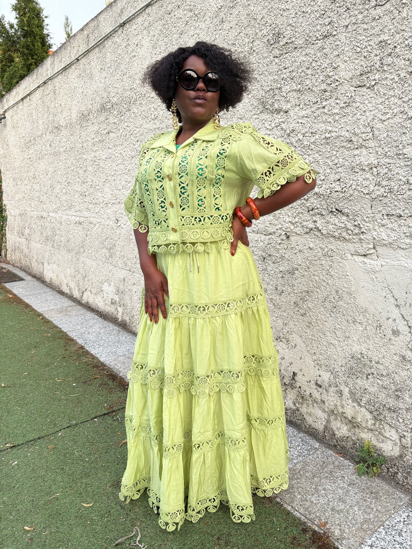 Ensemble deux pièces en viscose et dentelle – Blouse & jupe longue