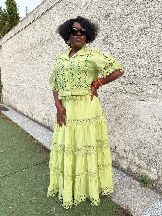 Ensemble deux pièces en viscose et dentelle – Blouse & jupe longue