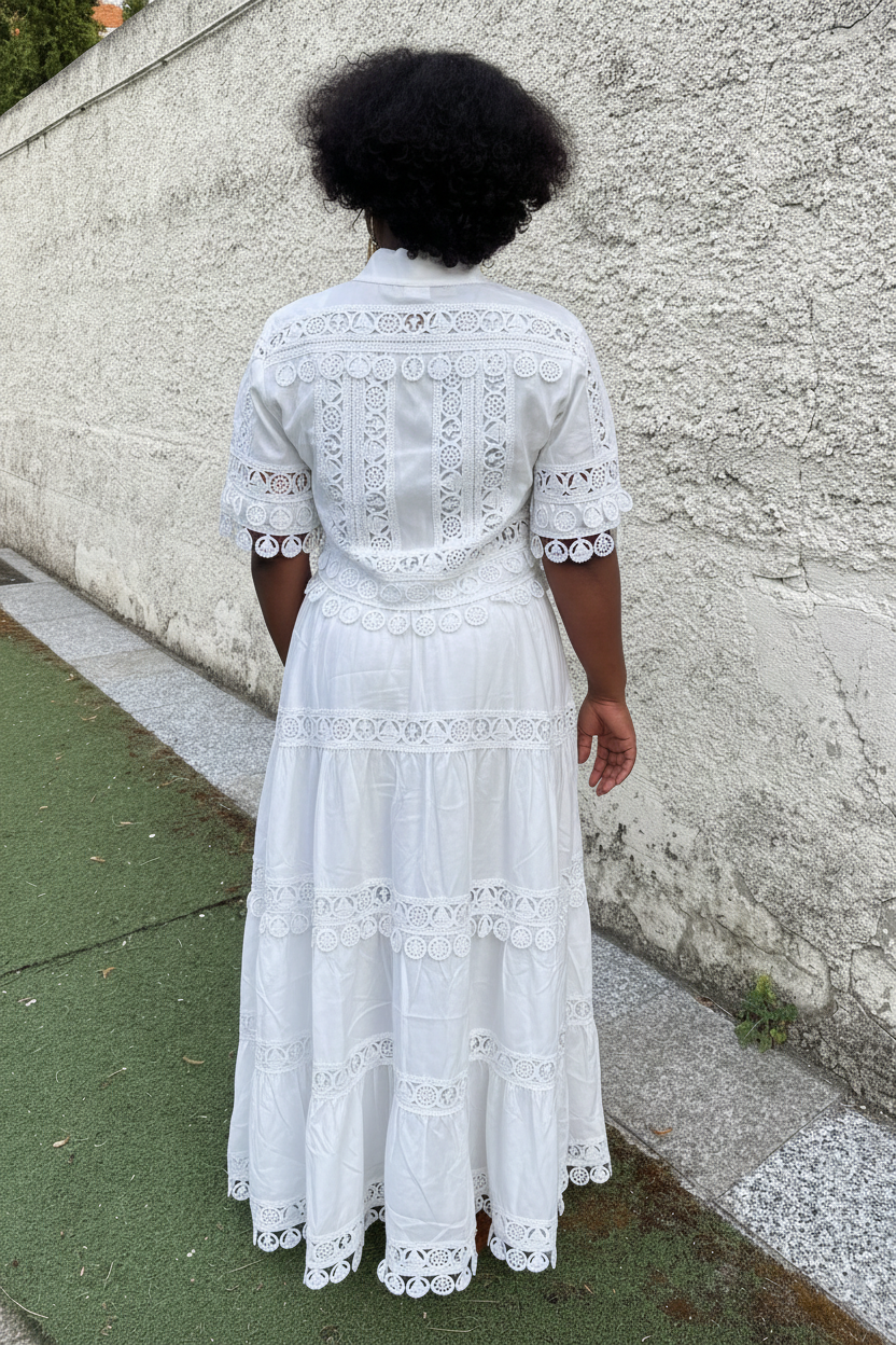Ensemble deux pièces en viscose et dentelle – Blouse & jupe longue